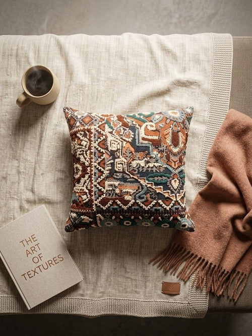 Artisan Heritage: Hand - Tufted Geometric Mosaic Premium Cushion – Luxury Multi - Textured Kilim Style Accent Pillow - ruggybuggy