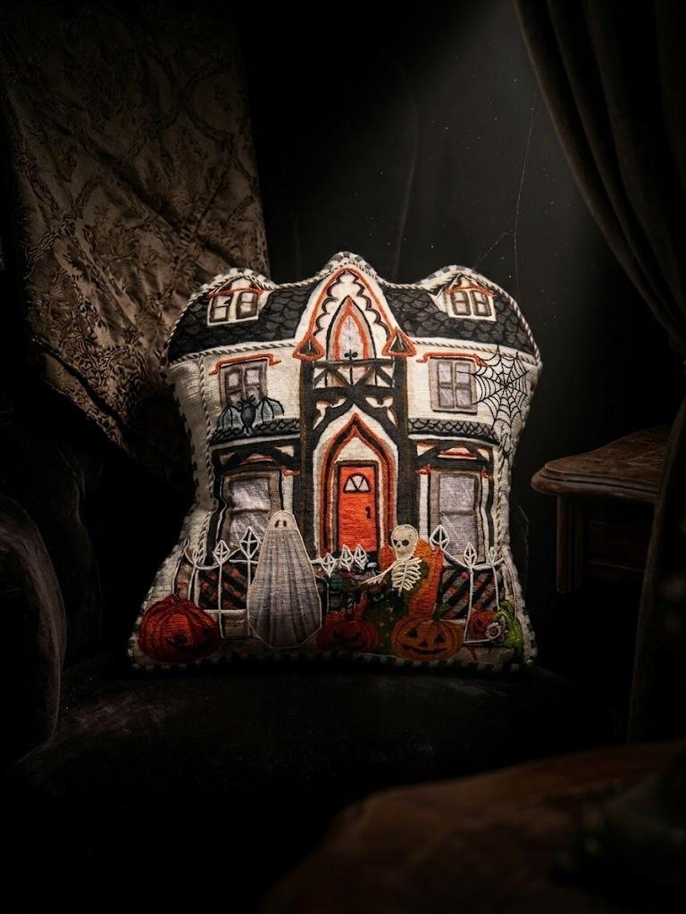 Artisanal Haunted Mansion Premium Cushion – Hand - Embroidered Gothic Manor Decorative Pillow for Seasonal Luxury - ruggybuggy