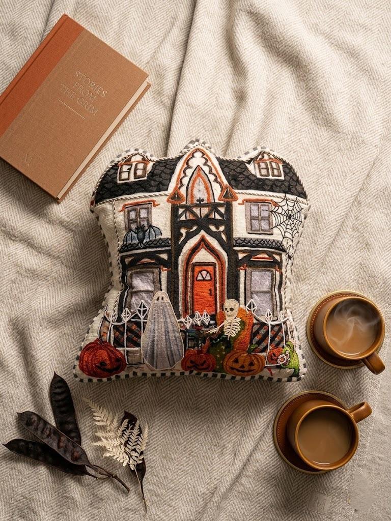 Artisanal Haunted Mansion Premium Cushion – Hand - Embroidered Gothic Manor Decorative Pillow for Seasonal Luxury - ruggybuggy