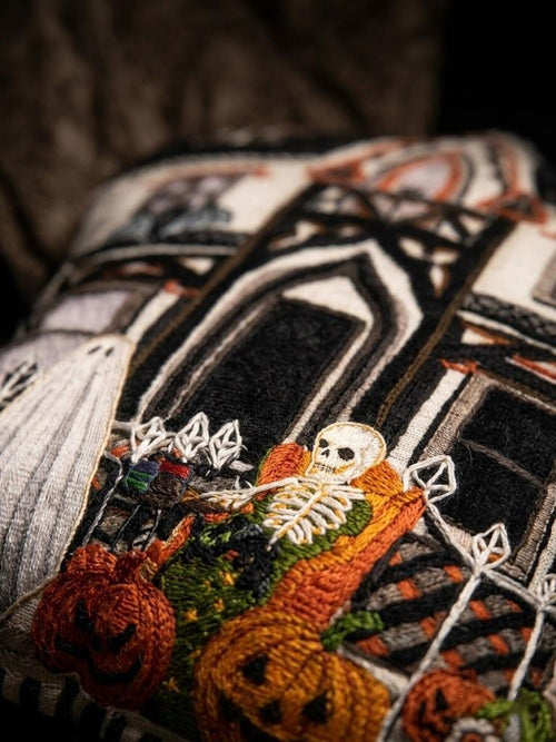 Artisanal Haunted Mansion Premium Cushion – Hand - Embroidered Gothic Manor Decorative Pillow for Seasonal Luxury - ruggybuggy