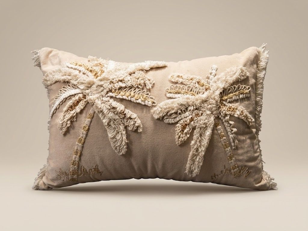 Coastal Oasis: Premium Hand - Tufted Palm Tree Lumbar Cushion – Luxury Textured Boho Accent Pillow - ruggybuggy