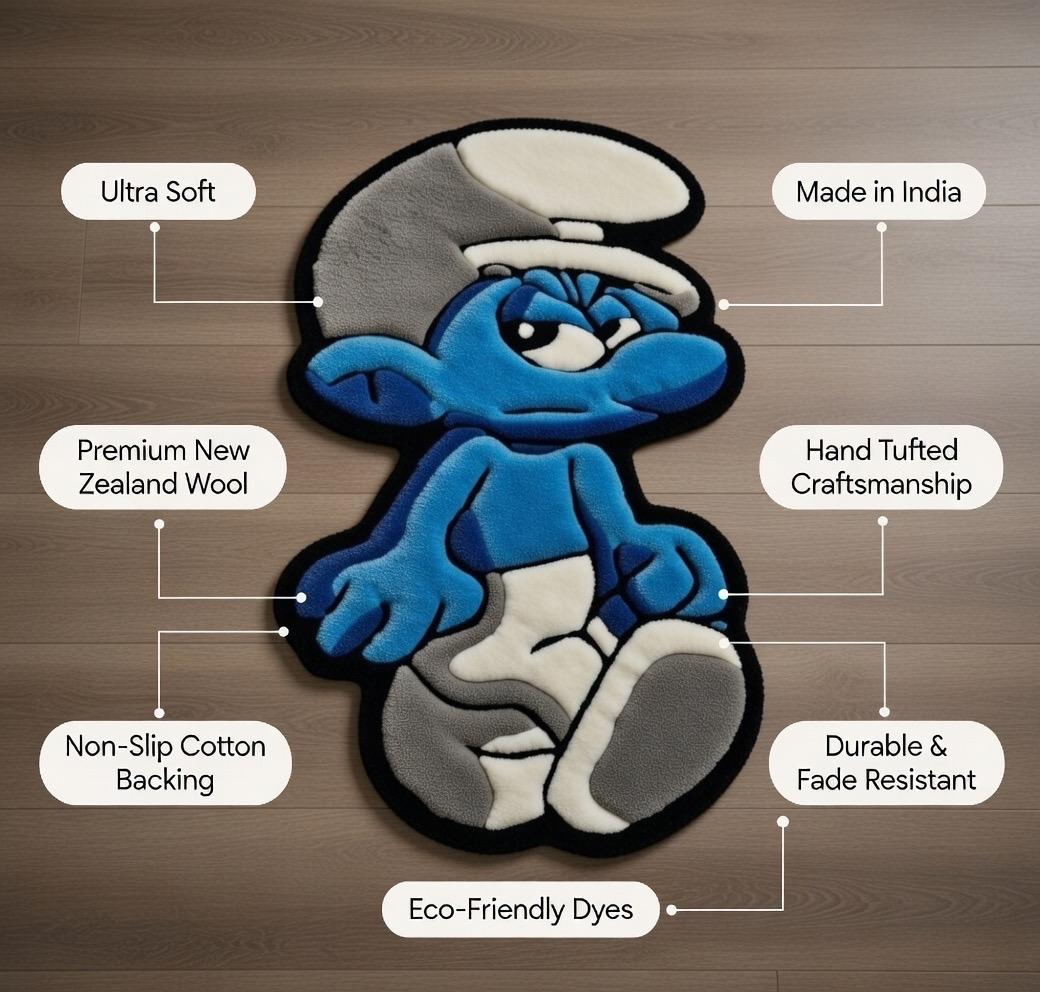 Premium Blue Cartoon Rug – Handcrafted Smurf Anime Rug for Kids & Modern Rooms - ruggybuggy
