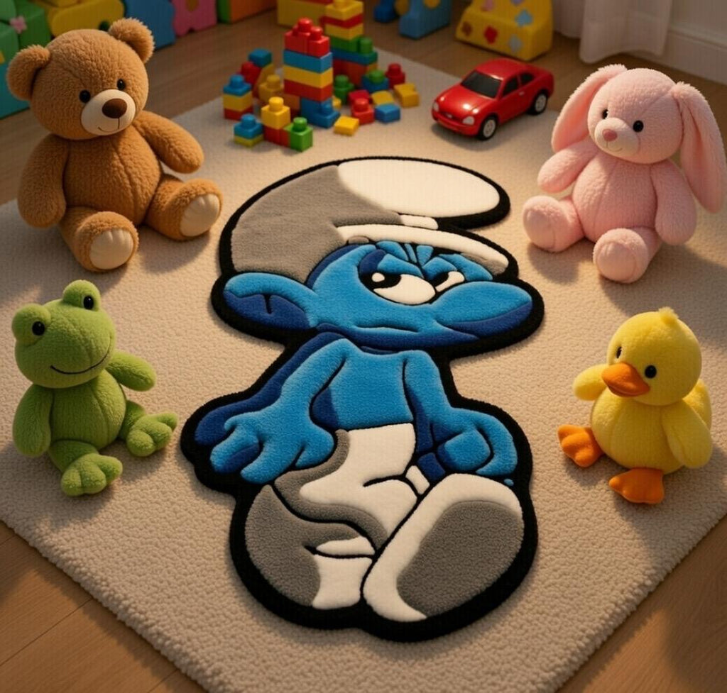 Premium Blue Cartoon Rug – Handcrafted Smurf Anime Rug for Kids & Modern Rooms - ruggybuggy